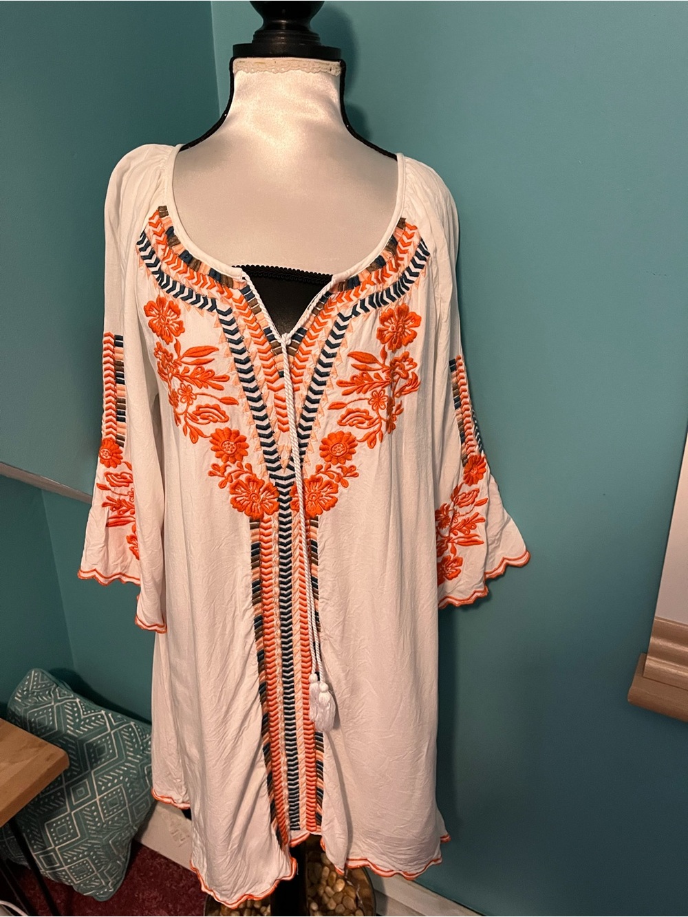 White Long-Sleeve Tunic Dress with Orange Embroidery